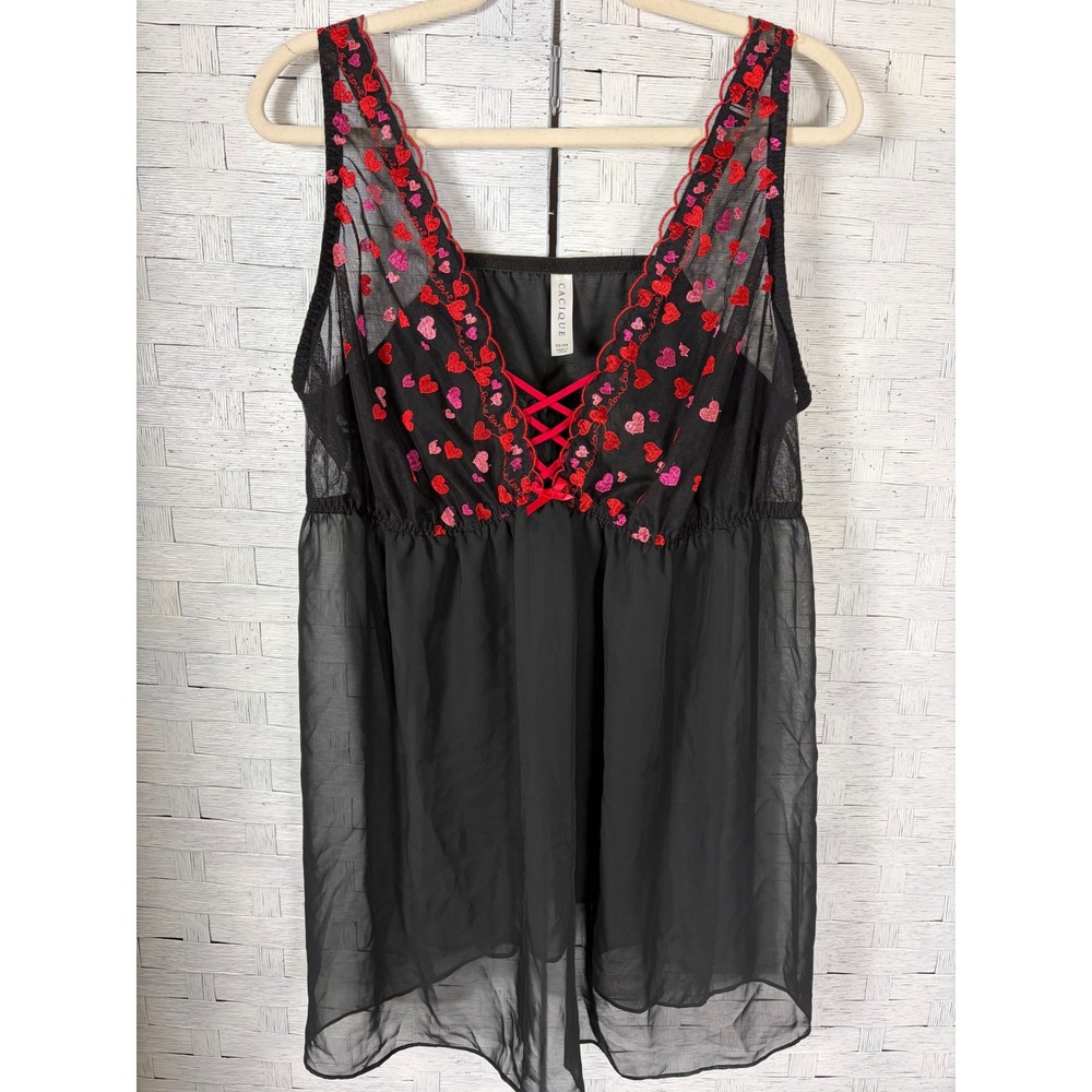 Cacique Women Lingerie Black Sheer Heart Embroidered Babydoll Chemise Plu Size